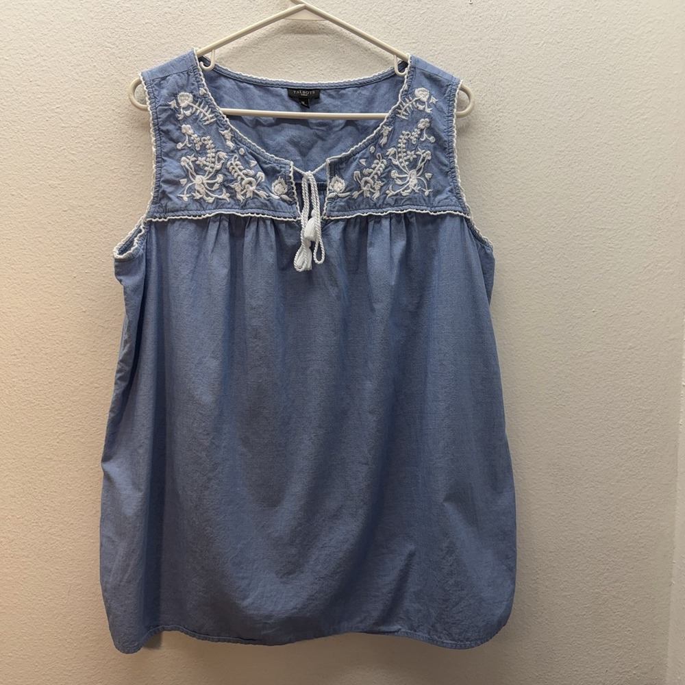 Talbots Top Sz 1X 100% Cotton Tank Top Coastal Boho Embroidered Peasant Preppy